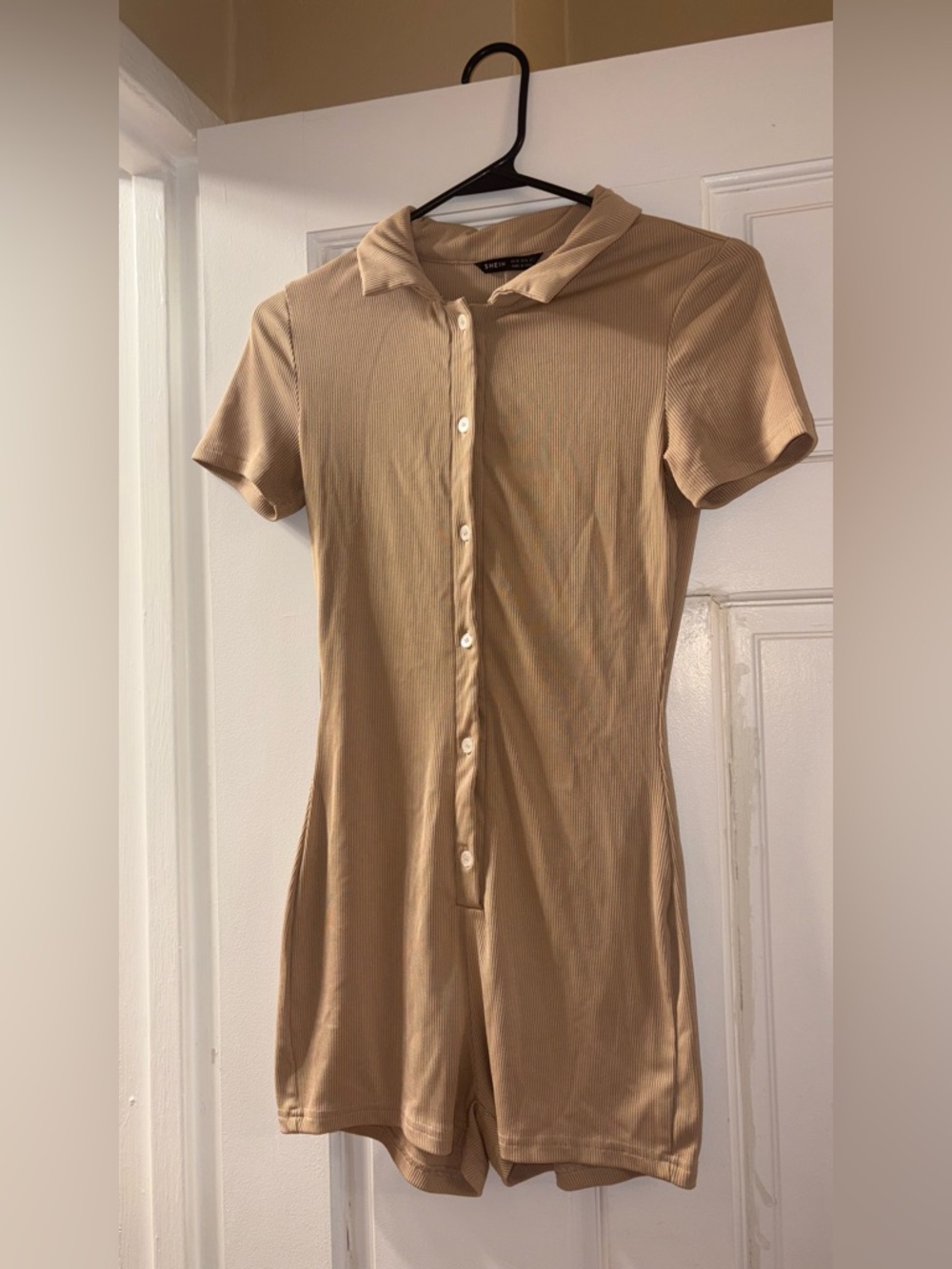 SHEIN Camel Short Sleeve Button-Front Ribbed Mini Romper Dress